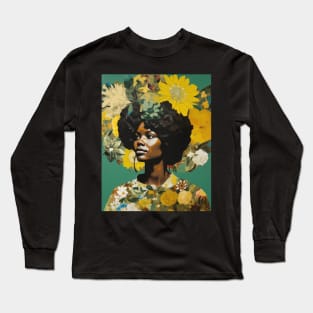 Black Woman Portrait With Yellow Flowers Collage Long Sleeve T-Shirt